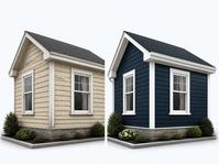 Concept illustration comparing faded siding with navy siding and white trim.